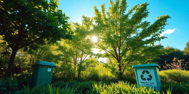 Reciclare în natură, cu containere de reciclare și verdeață.