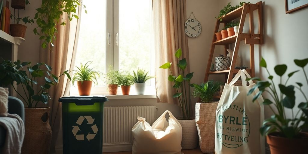 Interior ecologic cu reciclare și plante de apartament.