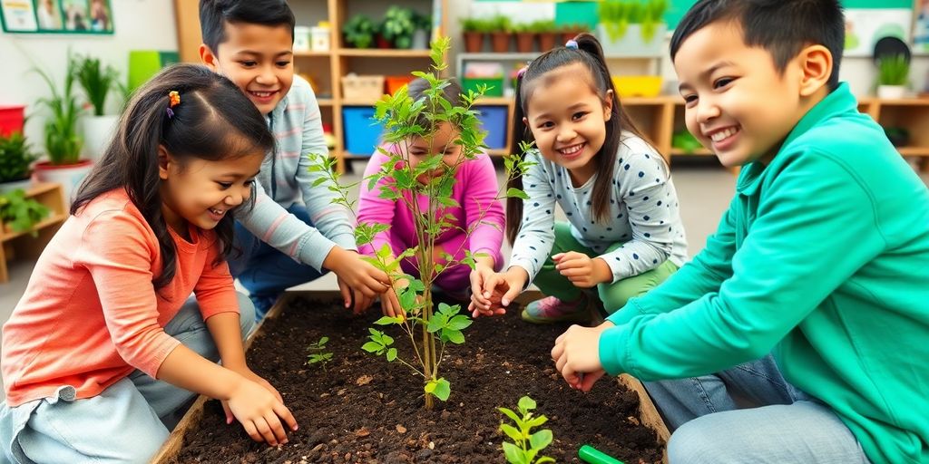 Copii plantând copaci în clasă, învățând ecologie.