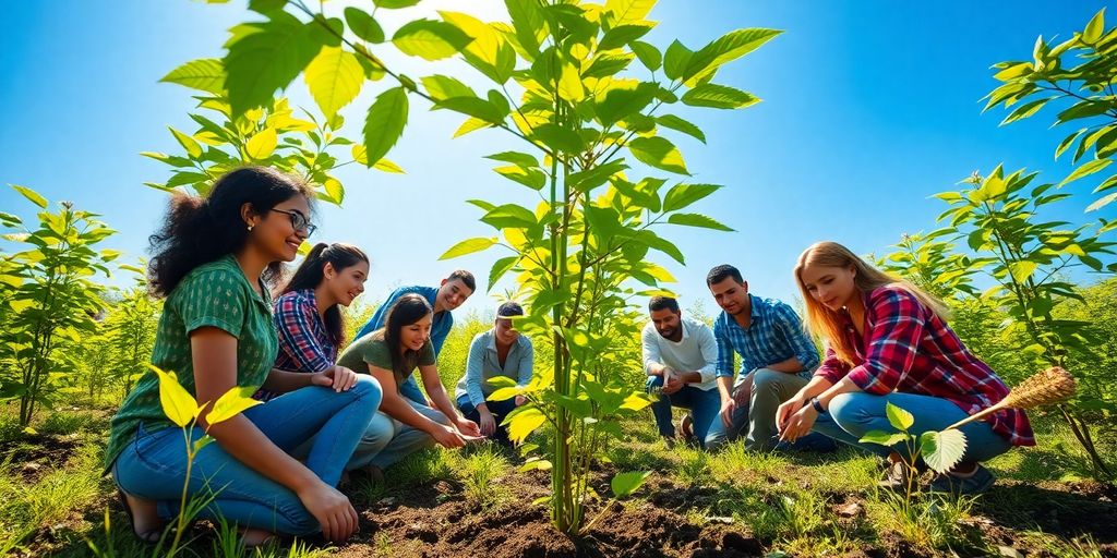 Oamenii plantează copaci într-un mediu verde.