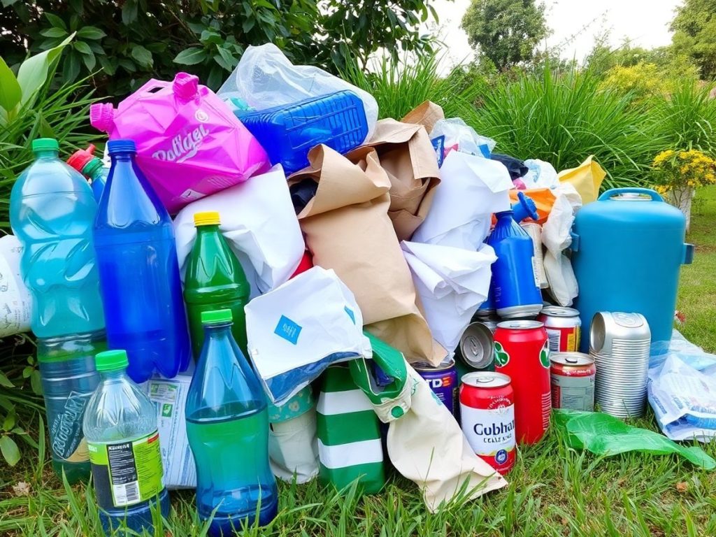 Diverse materiale reciclabile pe fundal verde.