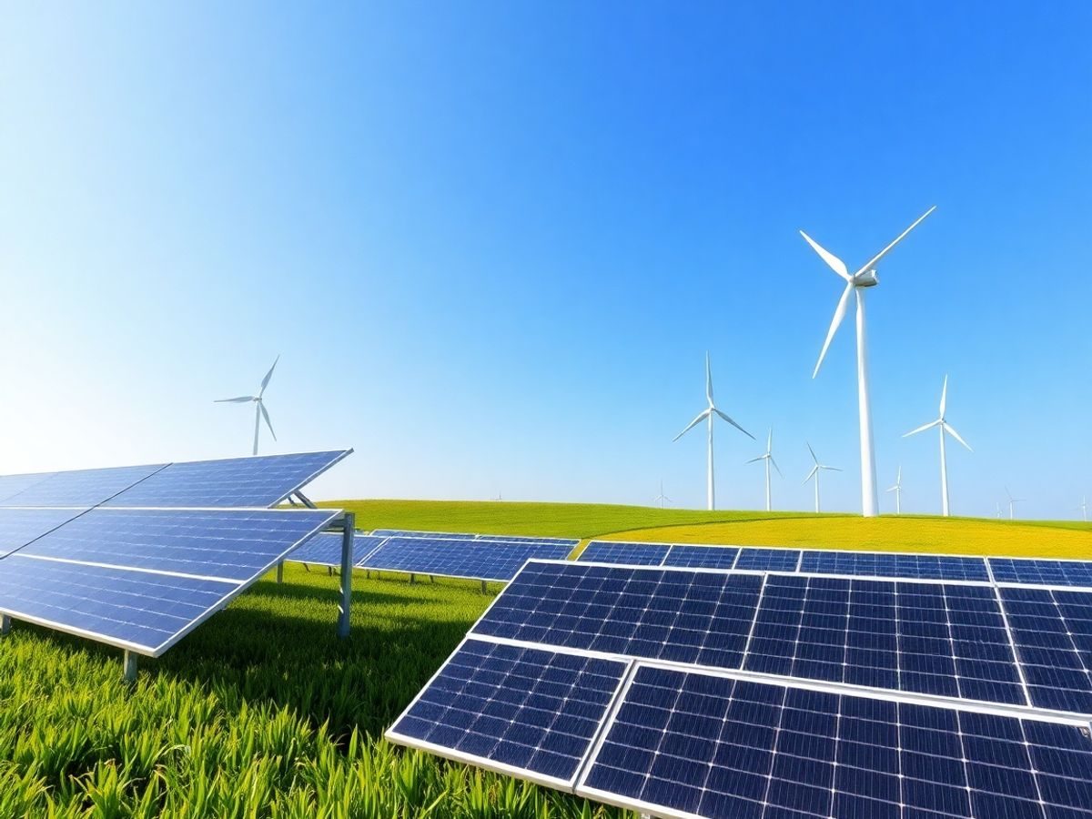 Peisaj cu panouri solare și turbine eoliene în natură.