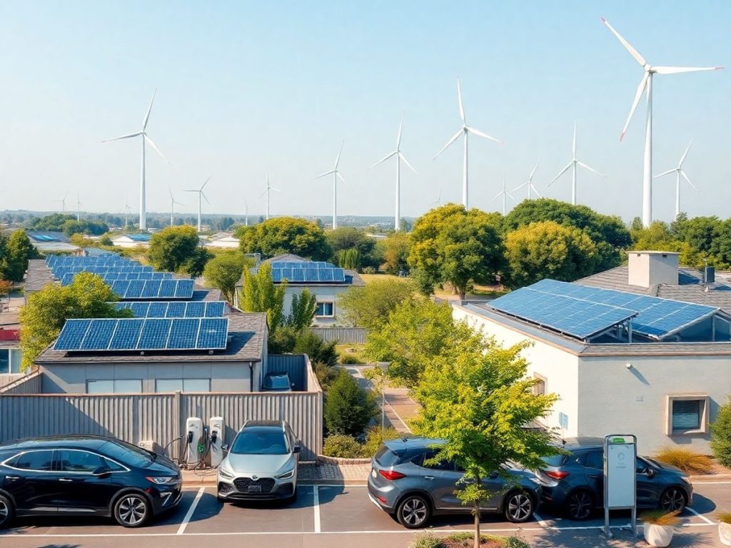 Mașini electrice, panouri solare, turbine eoliene, copaci verzi luxuriant.