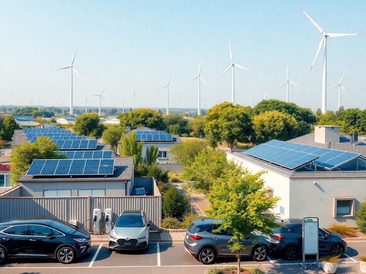 Mașini electrice, panouri solare, turbine eoliene, copaci verzi luxuriant.