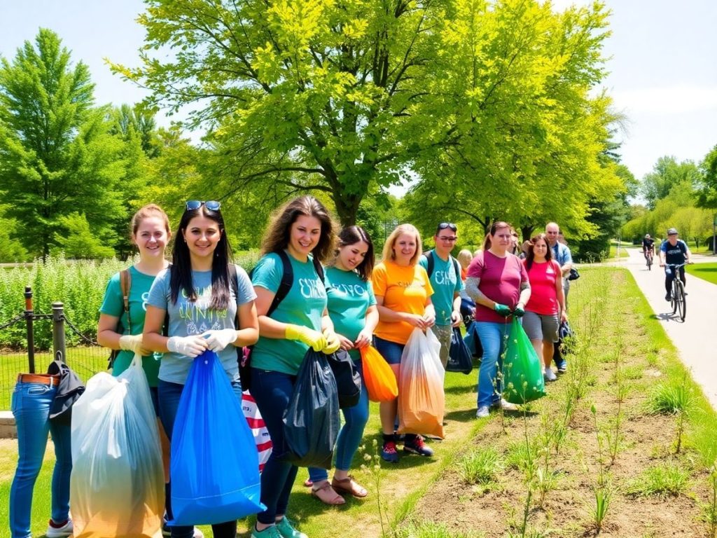 Eco Mediu 30 Voluntari ecologici strâng gunoi într-un parc verde și însorit, zâmbind