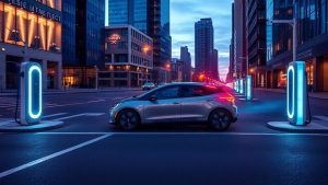 Mașină electrică pe o stradă urbană modernă.