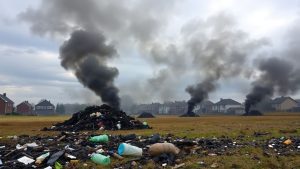 Fum gros de la deșeuri arse lângă case