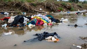 Haine aruncate poluând un râu din România.